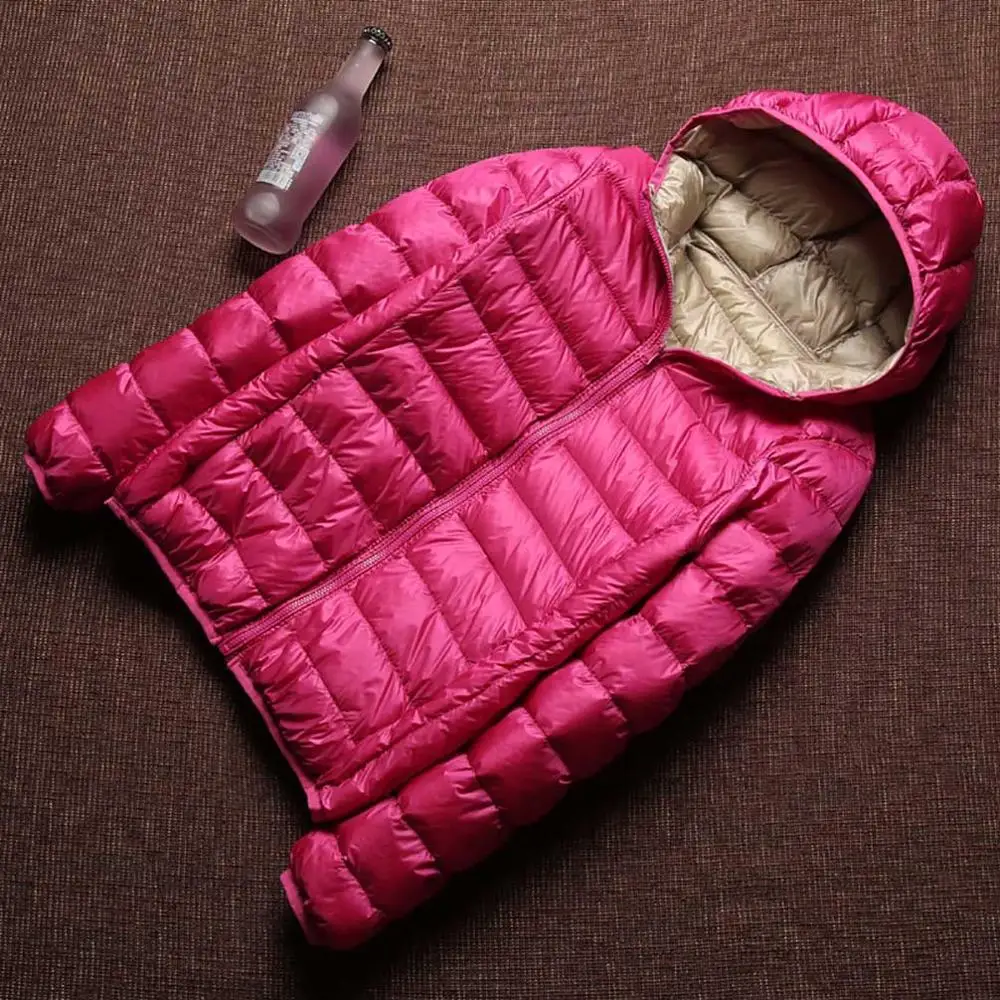 RoseKhaki Зимний женский ультра легкий пуховик, женский 90% утиный пух, куртки с капюшоном, длинный рукав, тонкое теплое пальто, парка для женщин, двусторонняя верхняя одежда - Цвет: RoseKhaki