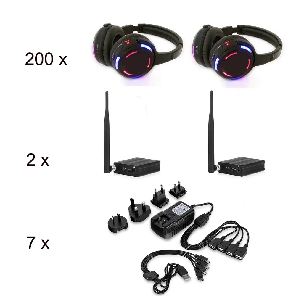 Заводская Продажа LED Silent Disco 200 шт наушники с 2 передатчиками + 3 канала OEM