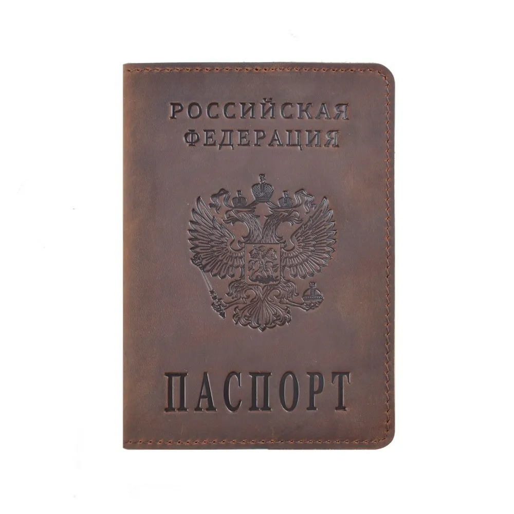 Коричневый Натуральная кожа Мужская Обложка для паспорта Россия натуральная Crazy Horse кожа бизнес держатель для карт Дорожный Чехол кошелек для женщин - Цвет: Коричневый