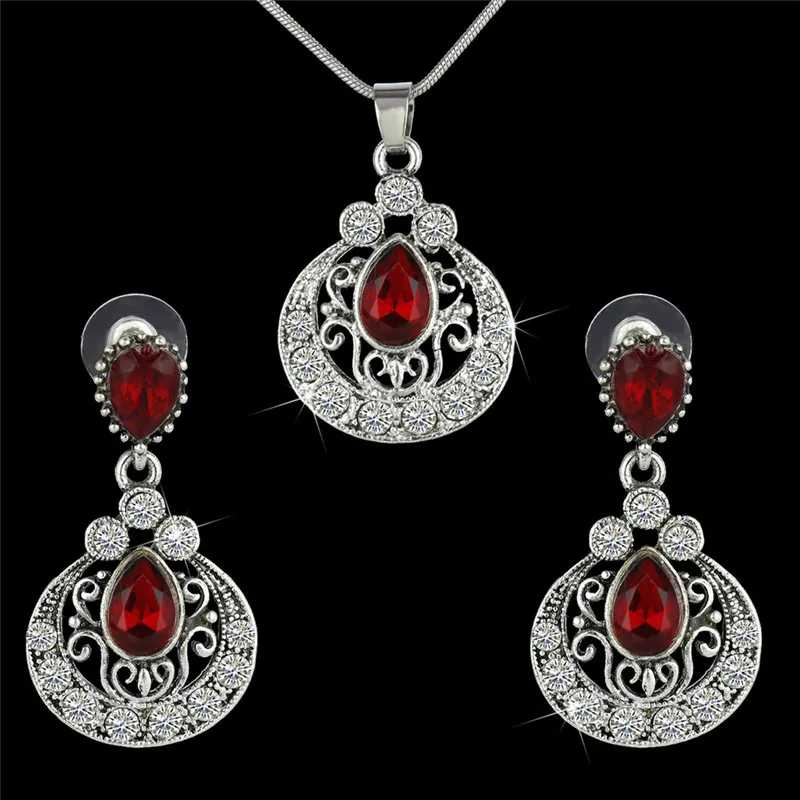 Turkish Jewelry Women Crystal Necklace Earrings Set Wedding Silver Plated Carved Parure Bijoux Mariage Joyas 20 | Украшения и