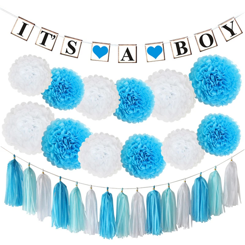 28 шт./компл. пол раскрывает это мальчик ребенок день рождения синяя бумага Pon Poms