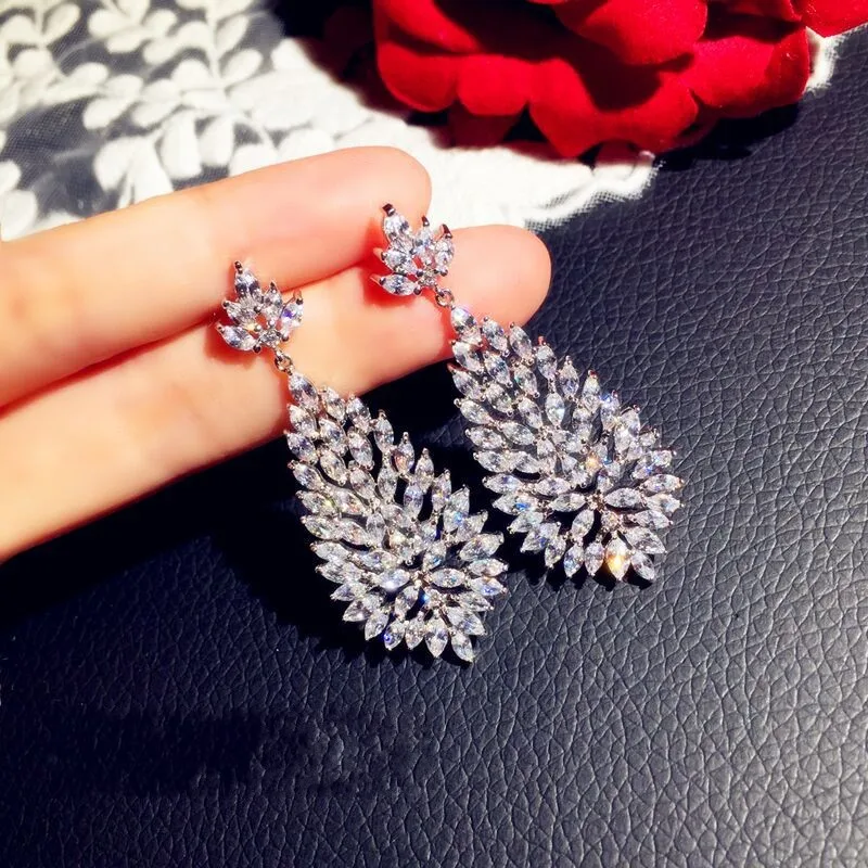 

choucong Luxury Flower Drop earrings Marquise Cut AAAAA cz Real 925 Sterling silver Party Wedding Dangle Earrings for women