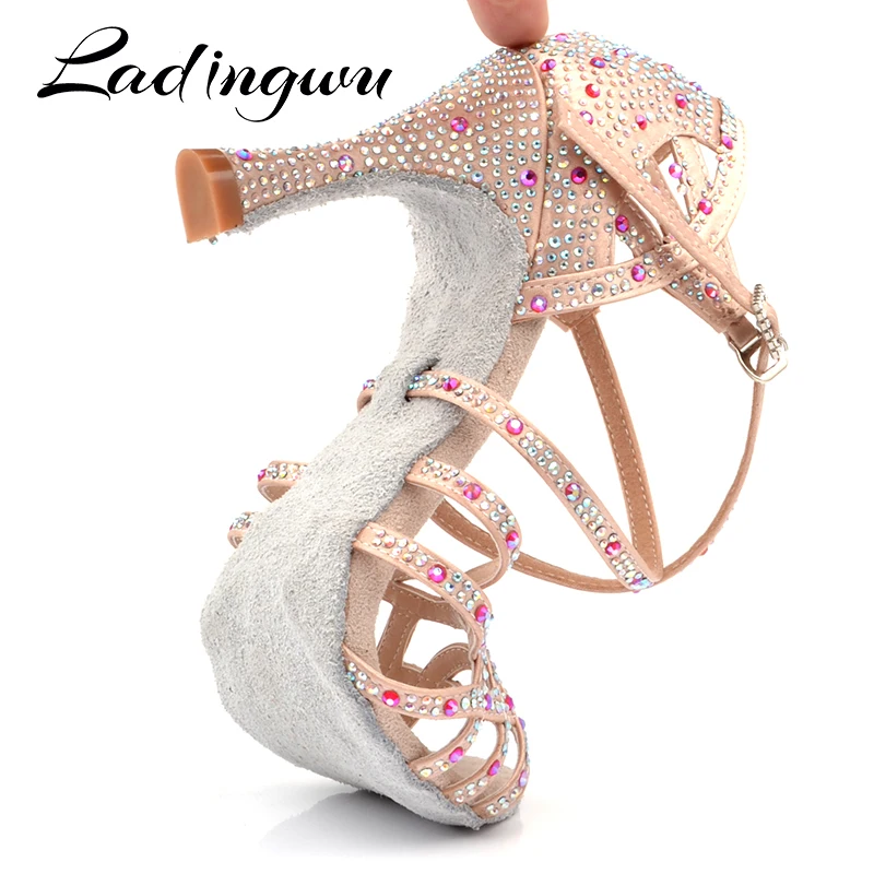 Ladingwu Dance Shoes Latin Women Big Small Red pomegranate Rhinestone Salsa Tango Dancing Wedding Cuba Heel 6-9cm | Спорт и