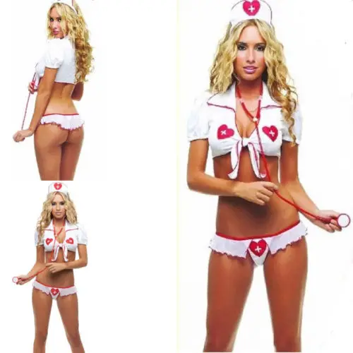 Sexy Women Pajama Sets Nightwear 2018 New Summer Heart Print Bandage Crop Lace Bra Shorts Nurse Costume Underwear Sleepwear | Женская