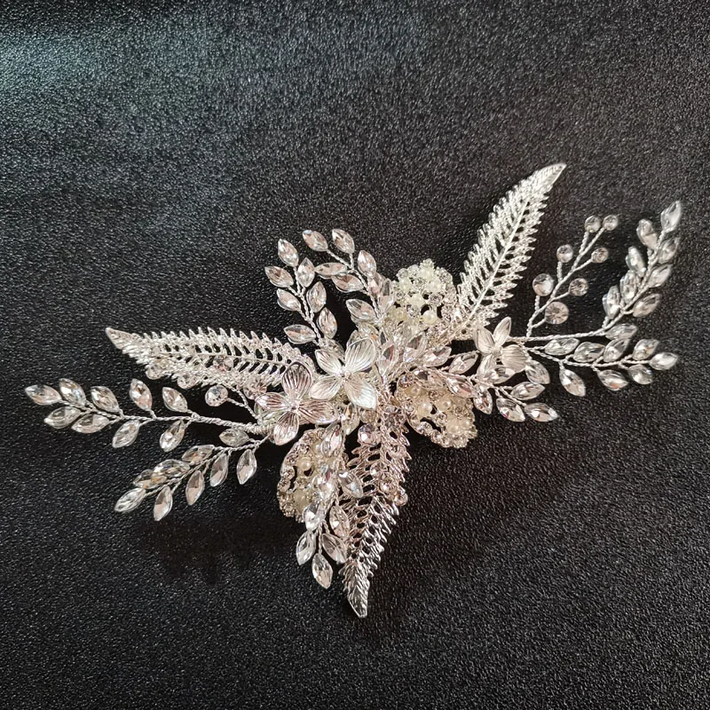 

SLBRIDAL Silver Color Rhinestone Pearls Flower Wedding Hair Clip Barrette Bridal Headpiece Hair Accessories Women Hair Jewelry