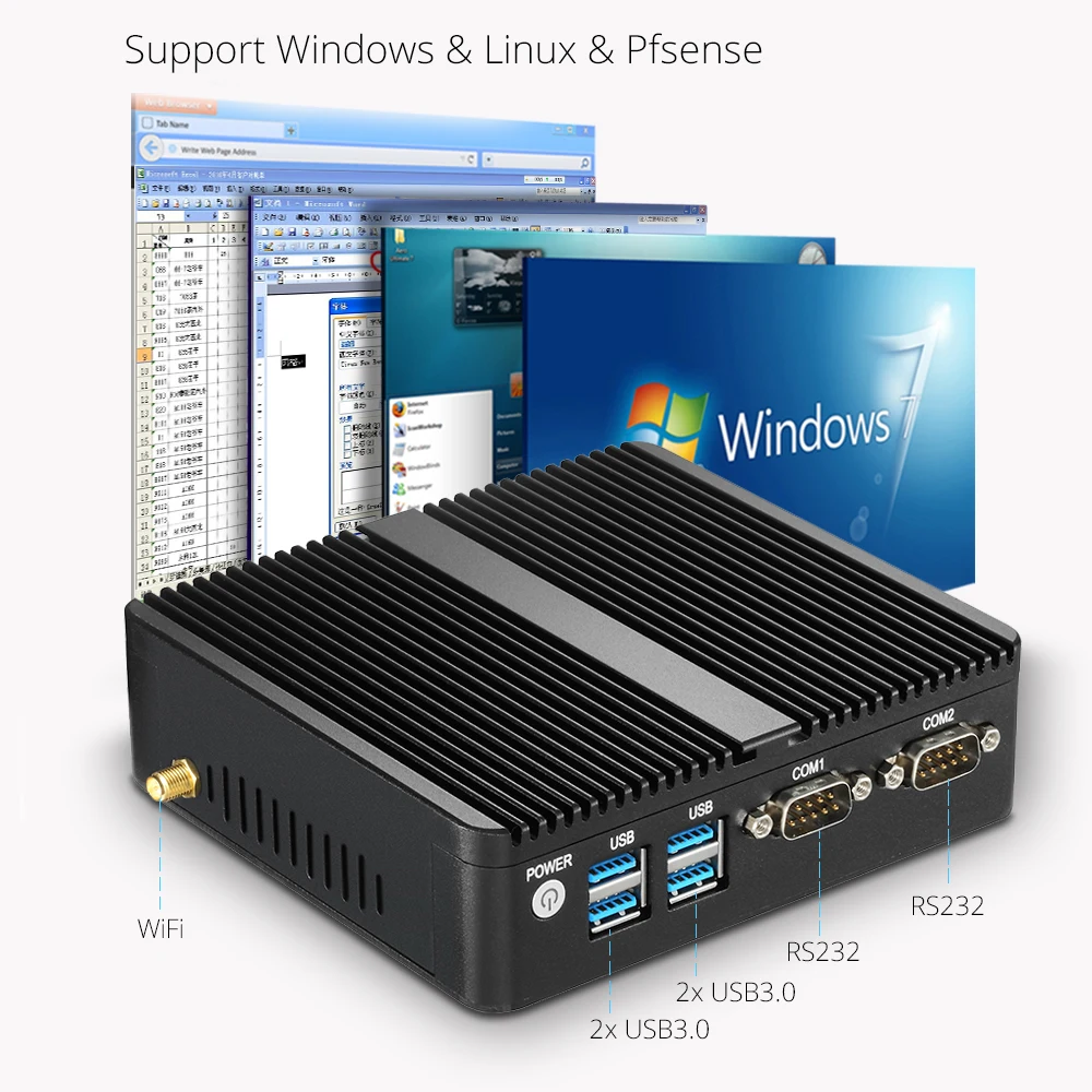 XCY Fanless Mini PC Intel Celeron N4100 Dual Gigabit Ethernet 2x RS232 HDMI VGA 4xUSB WiFi Windows 10 Linux Industrial Computer
