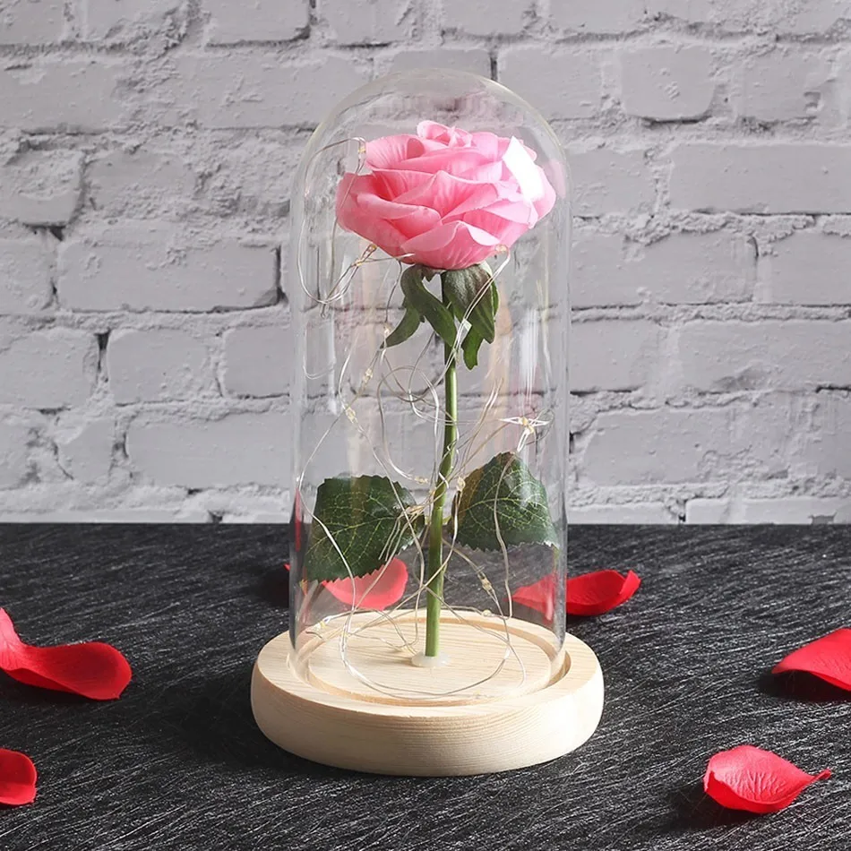 pink wood base Романтика вечная жизнь цветок стеклянная крышка красота и чудовище РОЗА светодиодная лампа; аккумулятор на день рождения День Святого Валентина подарок матери домашний декор - Цвет: pink wood base
