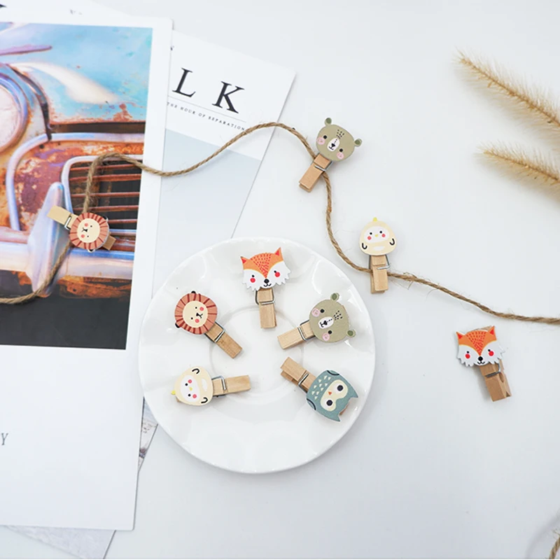 10 шт./упак. Kawaii Fox lion деревянные зажимы фотообои с пеньковой веревкой прищепки