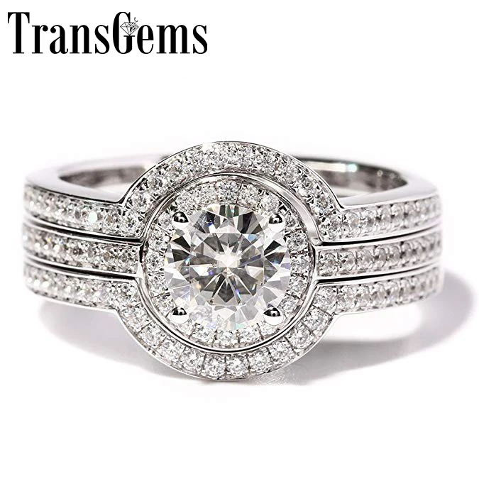 Набор колец для помолвки TransGems Solid 14K 585 из белого золота 1ct 6 5 мм F Color Moissanite Halo|moissanite