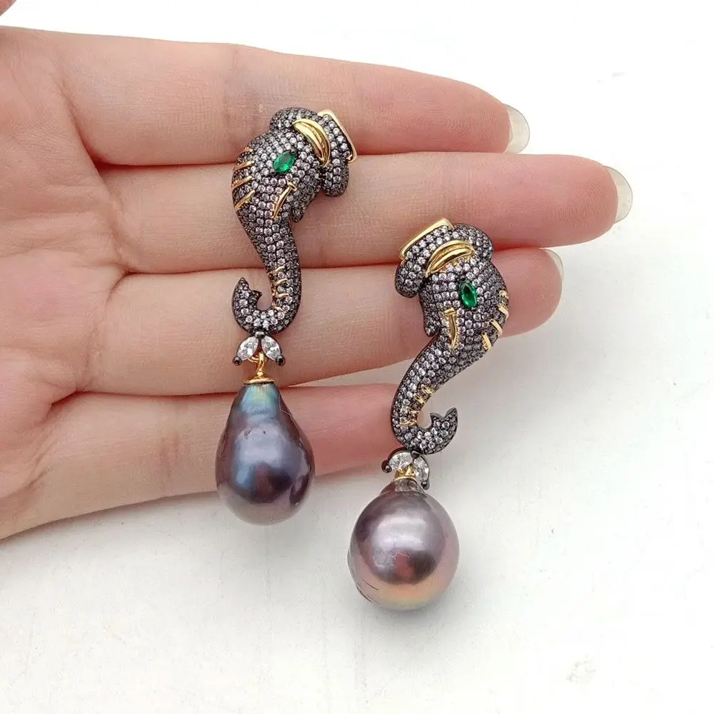 Женские черные серьги с жемчугом Keshi CZ Pave Elephant|Серьги-подвески| |