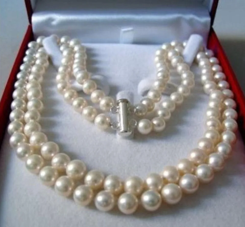 Ожерелье для влюбленных Женщин, хороший белый жемчуг ААА 2 ряда 8-9 мм, бусины 17-18 дюймов из натурального камня AKOYA, PNS131