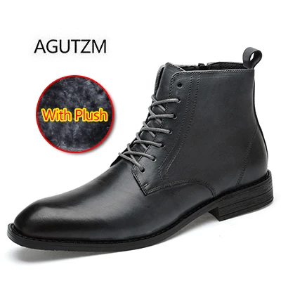 AGUTZM/Коллекция 9206 года; сезон осень-зима; мужские ботинки из натуральной кожи на шнуровке с квадратным носком; теплые плюшевые повседневные мужские ботильоны в деловом стиле - Цвет: gray with plush