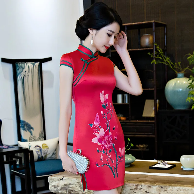 Шелковое платье короткое cheongsam ручная роспись изменение девушка тонкий моды