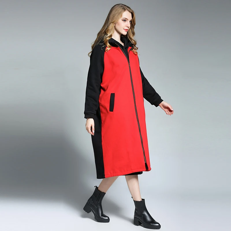 2017 winter new loose Large size ladies' Add velvet thickened hoodie Impact color Warm coat zipper | Женская одежда