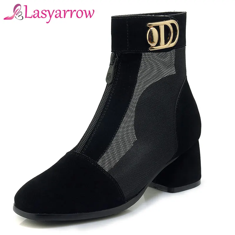 

Женские ботильоны из сетчатого материала Lasyarrow, Черные ботильоны на молнии с круглым носком на высоком каблуке, Размеры 33-43, лето 2019