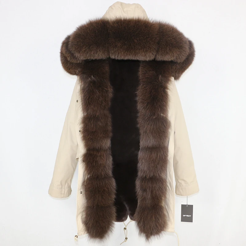beige dark brown Зимняя женская куртка на каждый день шуба из натурального Лисьего меха длинная парка с капюшоном из натурального Лисьего меха брендовая парка Толстая теплая уличная одежда со съемным капюшоном - Цвет: beige dark brown
