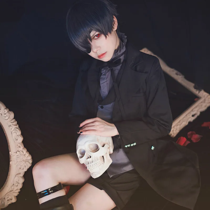 Высокое качество Аниме Черный дворецкий Ciel Phantomhive Косплей Костюм женский мужской пальто+ рубашка+ галстук+ жилет+ носки+ повязка+ шорты костюмы вечерние