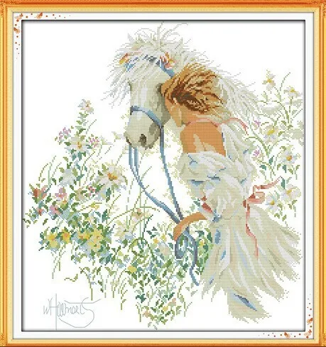 

White Horse and Girl Portrait Needlework,Cross stitch,Set For Embroidery kits,Patterns Counted Cross-Stitching,DIY Handmade