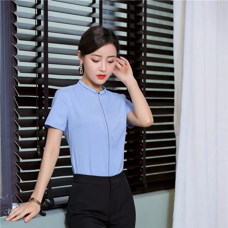 Женская Деловая блузка с коротким рукавом Синие Деловые блузки и рубашки в