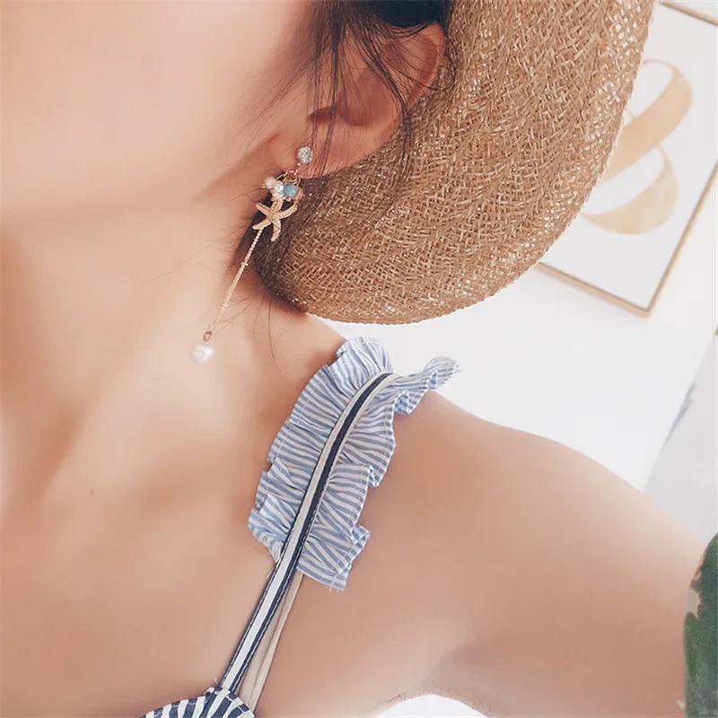 Summer Shell Starfish Tassel Stud Earrings For Women Korean Cute Simulated pearl Asymmetry Jewelry Seaside Holiday Gift | Украшения и
