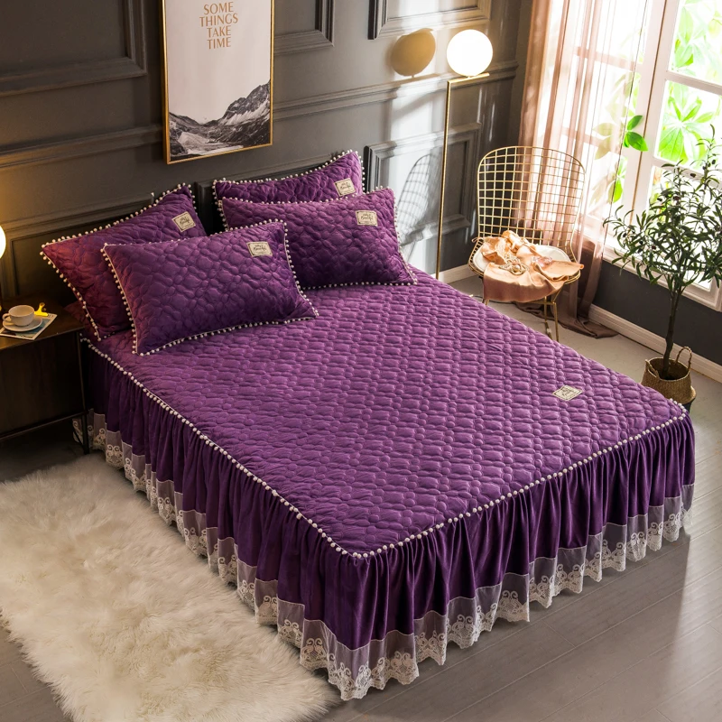 Russian size 160X200cm Plush Warm Bedskirt Bed set Flannel Fleece Quilted Ruffled Lace Girls with Small White Ball cover | Дом и сад