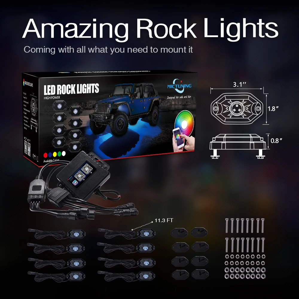 Улучшенный светодиодный RGB-светильник MICTUNING 2nd-Gen с 8 подсветками управлением