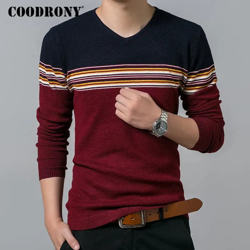 Черный COODRONY, хлопковый шерстяной свитер для мужчин, зимние мужские теплые свитера, облегающий пуловер для мужчин, повседневный Полосатый пуловер с v-образным вырезом, мужские топы 7179 - Цвет: Черный