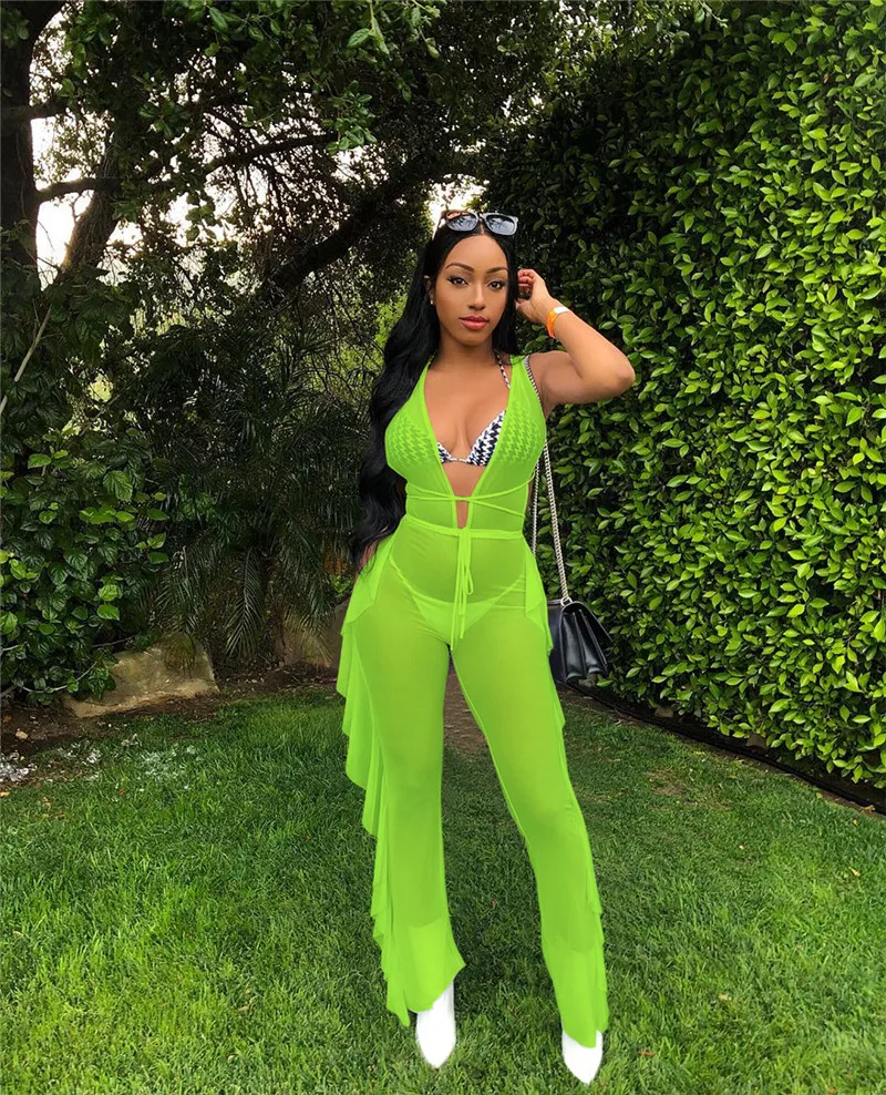 Женский комбинезон с оборками Adogirl флуоресцентный сетчатый глубоким v образным