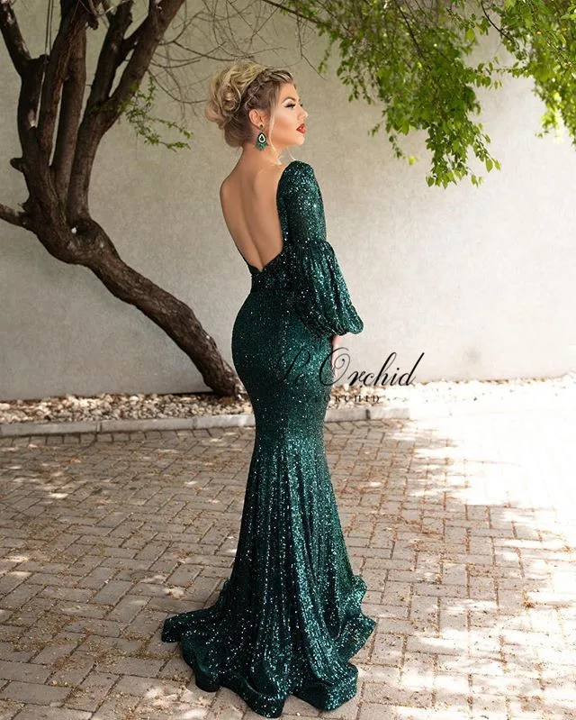 PEORCHID Sequin темно-зеленое длинное арабское вечернее платье Сексуальная Открытая спина Гламурные Дамы русалка формальное платье с рукавами