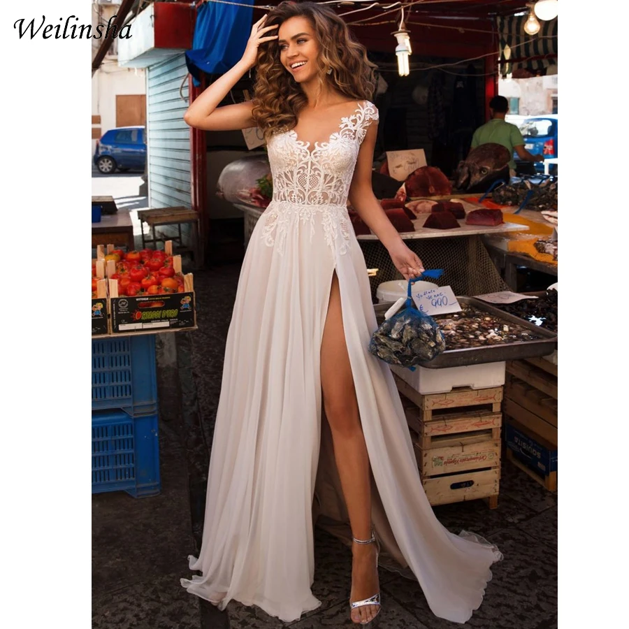 Weilinsha новые дешевые свадебные платья Vestidos De Novia с рукавами и аппликацией v-образным вырезом трапециевидные подвенечные Свадебные платья Иллюзия дизайн