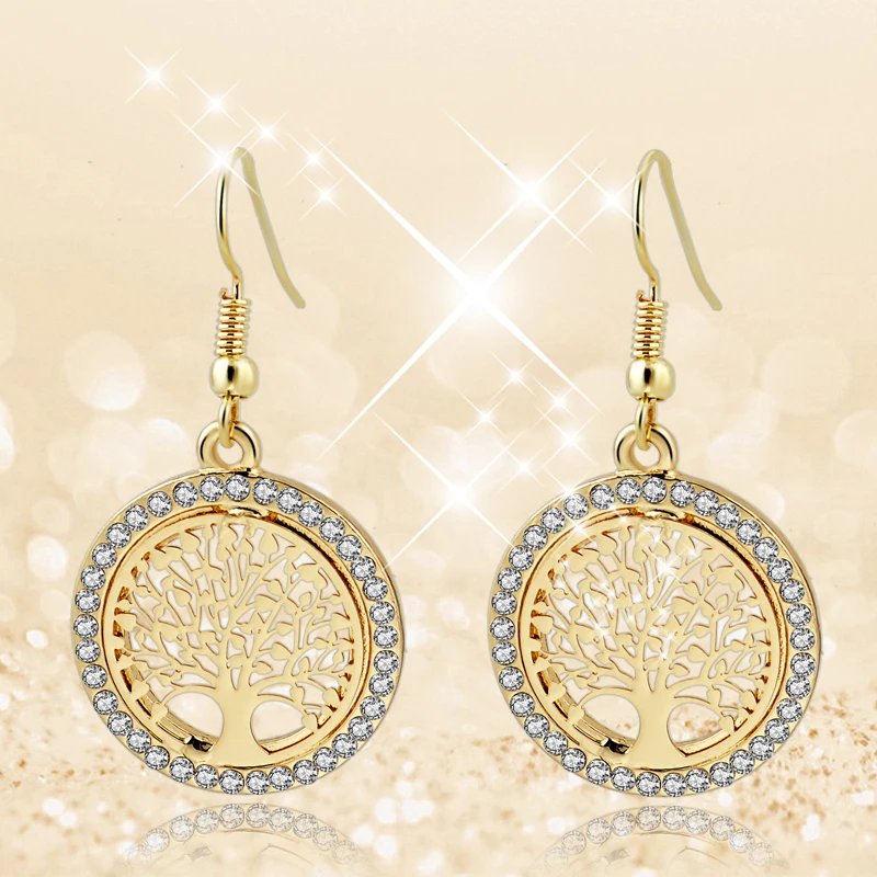 LongWay Gold Color Crystal Dangle Earring With Tree Of Life Pendant Vintage Women Jewelry Earrings Brinco Ser160008 | Украшения и