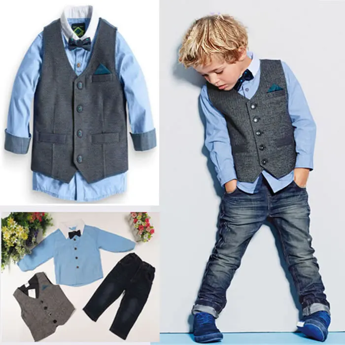 

Fall Winter Kids Boys Denim Back to School Sets Clothes Gentleman Child Waistcoat+Bow Tie Shirts+Jeans Vetement Enfant Garcon