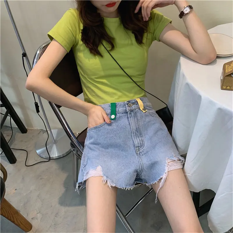 

HziriP Hong Kong Style Chic 2019 Casual Summer Stylish Denim All Match Loose Fresh High Waist jeans Washed Hole Irregular Shorts