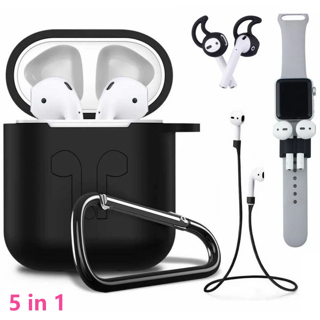 Черный Силиконовый чехол 5 в 1 для Airpods/Airpods ремешок/Airpods крючки для ушей/анти-потеря карабин/Airpods часы ремешок держатель - Цвет: Черный