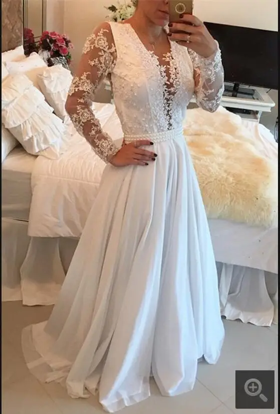 2017 new designer white chiffon deep v neck sexy wedding dress pearls long sleeve lace appliques sheer back bride | Свадьбы и