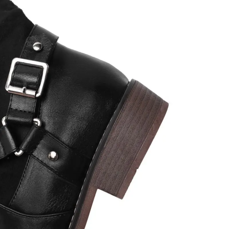 

RIZABINA Size 34-43 2020 Woman Retro Rivets Buckle Winter Boots Fashion Flats Knee High Boots Slip On Daily Long Boots Footwear