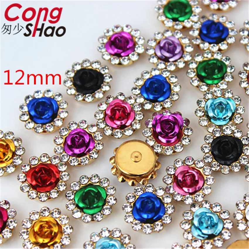 Cong Shao 30pcs 12mm Rose Round Crystal Rhinestone Trim Gold Claws Flatback Sewing Glass For DIY Wedding Dress Decorations 8Y322