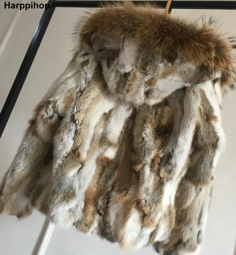 Genuine Rabbit Fur Coat with big hat natural rabbit fur jacket Women short Rabbit Fur coat with raccoon Free Shipping