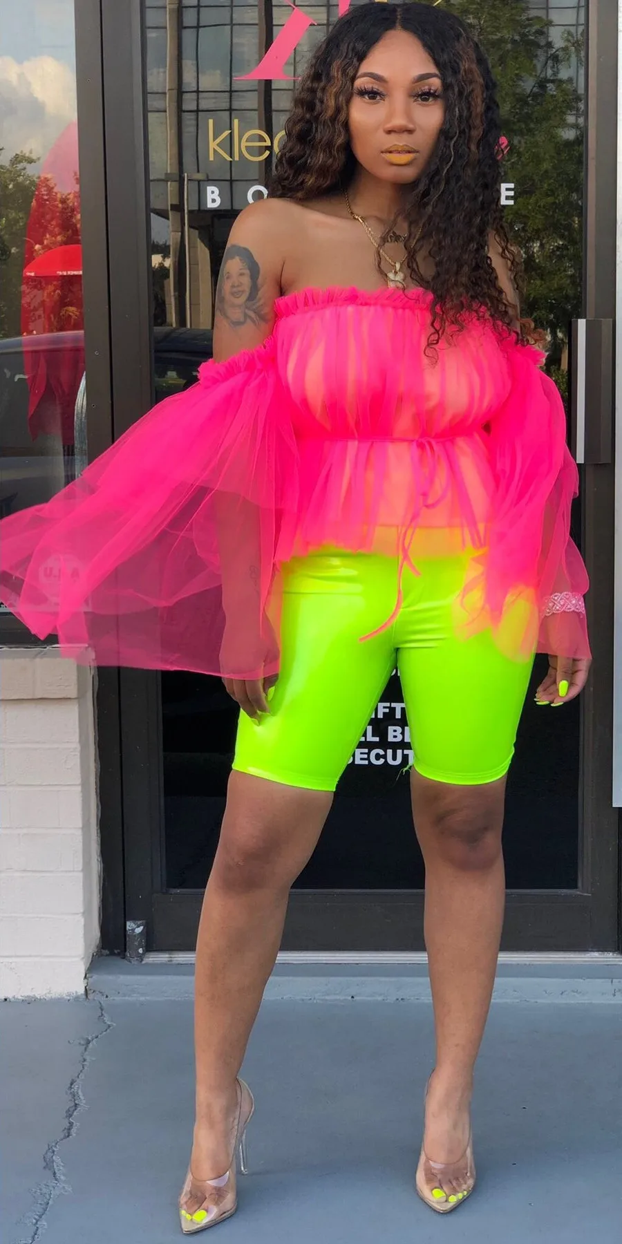Neon Pink ANJAMANOR Sexy Elegant Mesh Shirt 2 Layer Ruffle Off Shoulder Long Sleeve Plus Size Womens Tops and Blouses Holiday D48-AZ43 - Color: Neon Pink