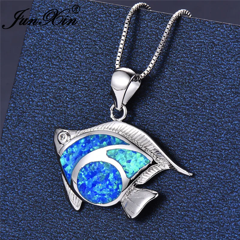 JUNXIN Ocean Blue Fire Opal Fish Pendant Necklaces For Women Men Silver Color Mystical Birthstone Necklace Wedding | Украшения и