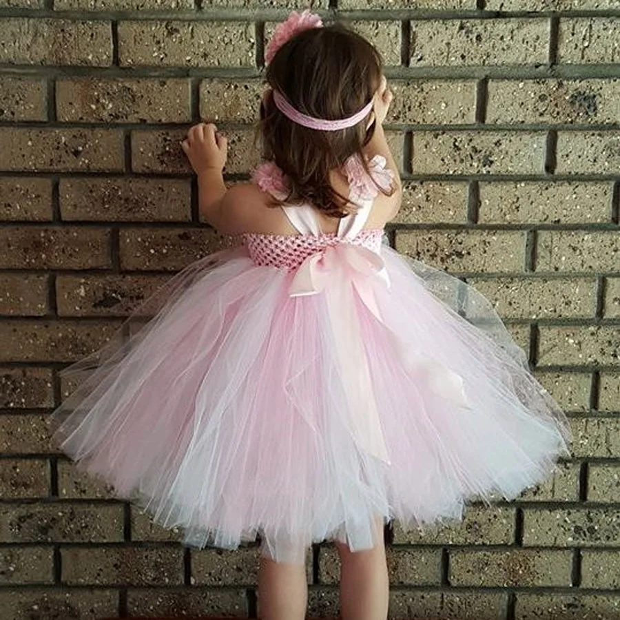 Pink and White Knee Length Tutu Dress with Headband Flower Girl Princess for Birthday Photo Wedding TS110 | Детская одежда и обувь