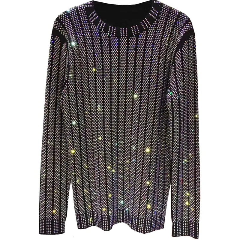 Подиум 2018 осень и зима новый блестящий горячий сверлильный вязаный свитер с