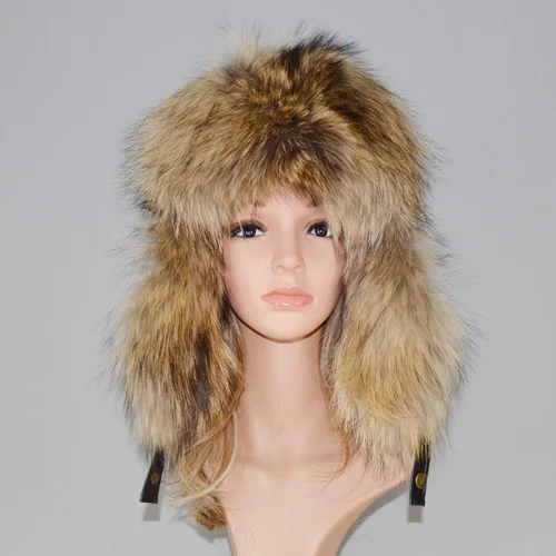raccoon fur Лидер продаж, зимняя шапка унисекс из натурального Лисьего меха, шапка из натуральной кожи, Повседневная теплая мягкая шапка из натурального меха русской лисы, шапка-бомбер s - Цвет: raccoon fur