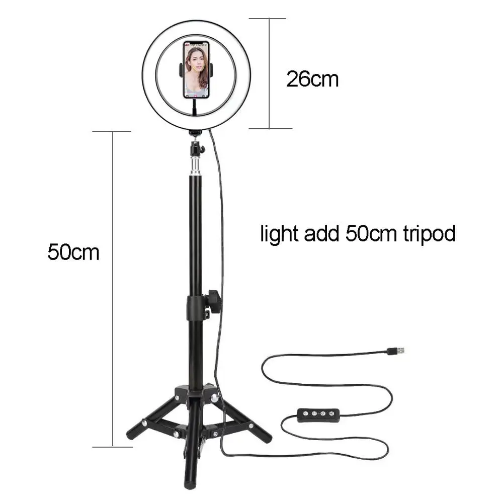 add 0.5m tripod 10 дюймов, 26 см, USB зарядка, кольцевой светильник для селфи, вспышка, светодиодная камера, телефон, фотосъемка, улучшенная фотография для смартфона, студия VK - Цвет: add 0.5m tripod