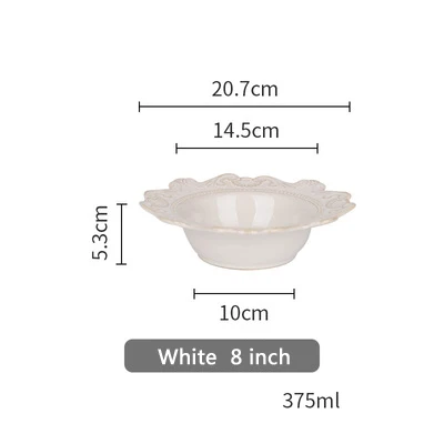 White 8 inch bowl Европейские ретро керамические тарелки, посуда, обеденные тарелки с керамическим тиснением, фарфоровая десертная тарелка, тарелка для торта - Цвет: White 8 inch bowl