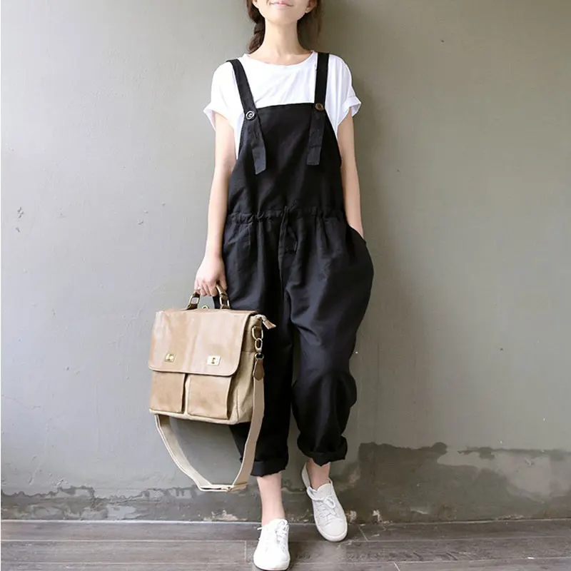 

2018 Spring and Summer New Loose Casual Literary Cotton and Linen Bib pants Large size was Thin Black trousers Size M-XXL XXXL