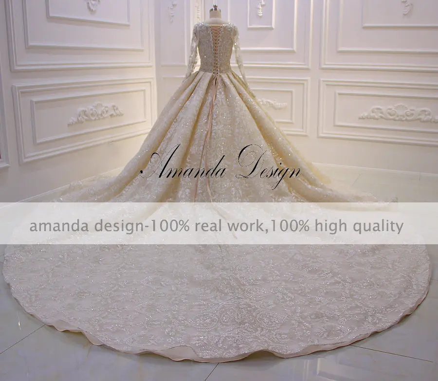 Robe de mariee princesse de Lux Горячая Индивидуальные Стразы Кристалл полный рукав свадебное платье