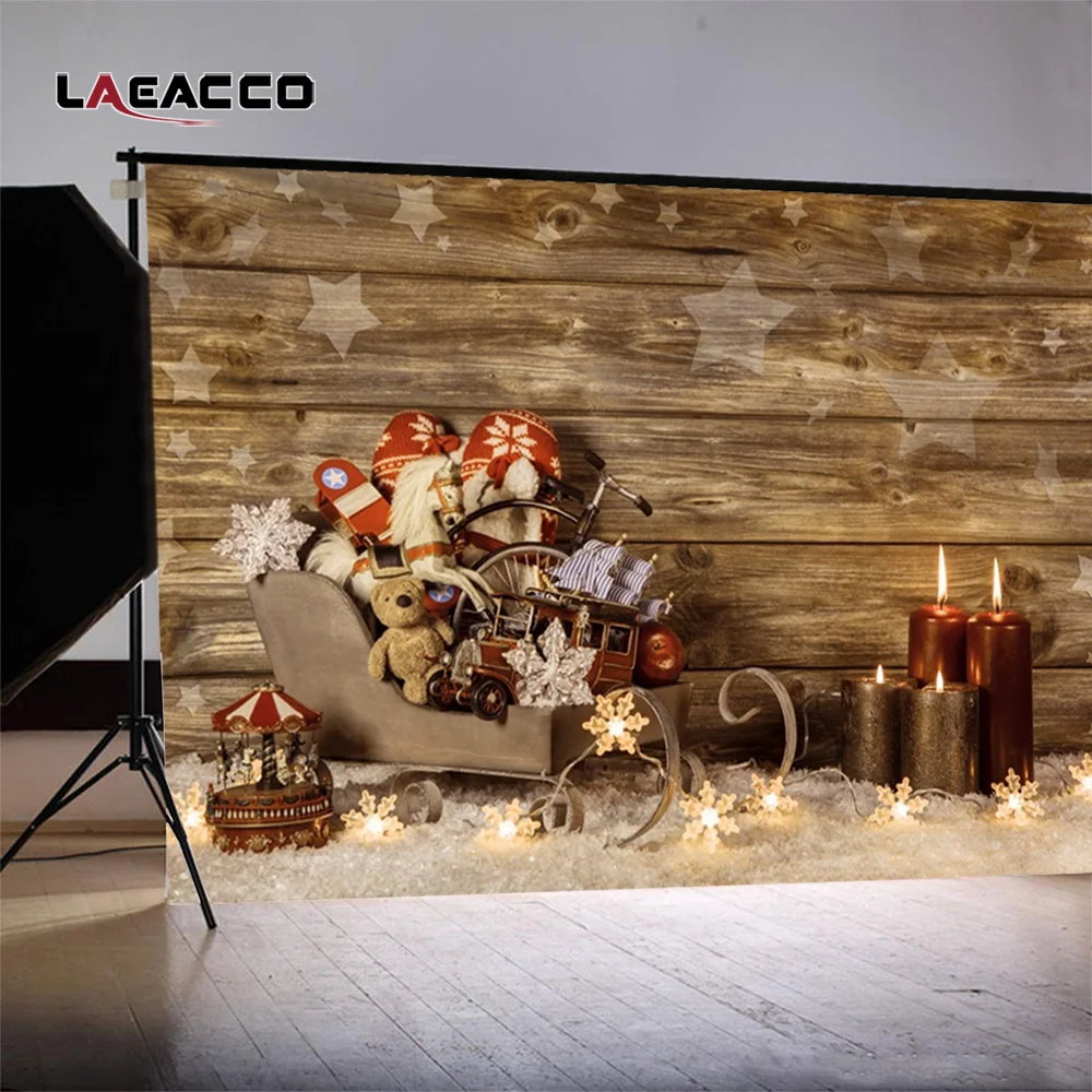 Рождественский Фотофон Laeacco с деревянной доской со звездочками и снегом свеча