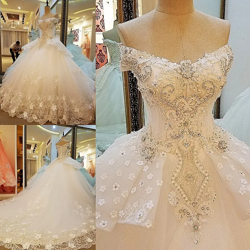 LS00081 свадебное платье с кружевомневесты цветок аппликации 3d плеча роскошь