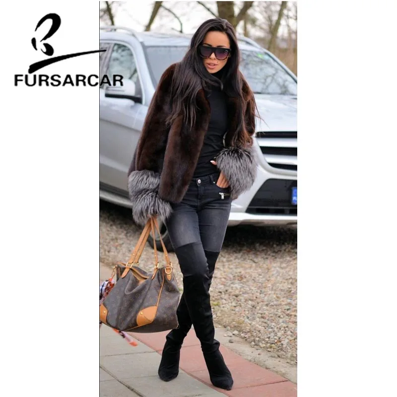 FURSARCAR Luxury Women Real Fur Natural Silver Fox Fur Coat Elegant Slim Female Winter Thick Warm Casual Style Jacket  Coats